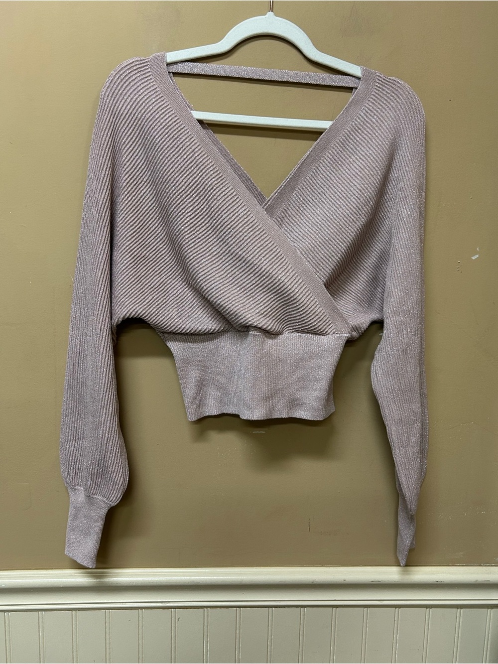 INC International Concepts Ribbed Surplice V-Neck Sweater Glitter Pink NWT Y2K